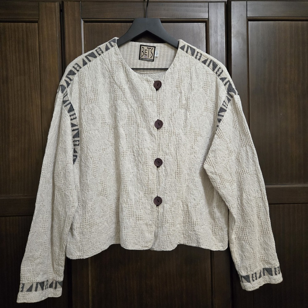 Bets by Canvasbacks Jacket Neutral Artsy Embossed Waffle Button Lagenlook L Vtg